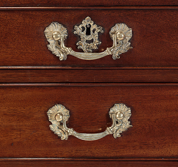 Early George III Mahogany Caddy Top Chest of Drawers, Original Rocaille Brasses, c1760 . brasses detail
